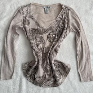 y2k embellished paisley print long sleeve top with rhinestone